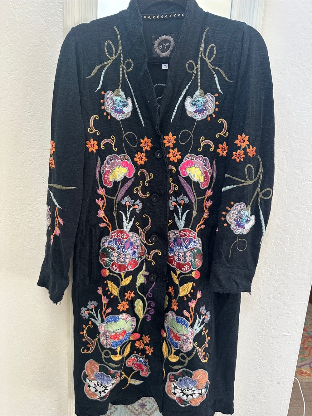 Johnny Was Black Embroidered Floral Trench Coat